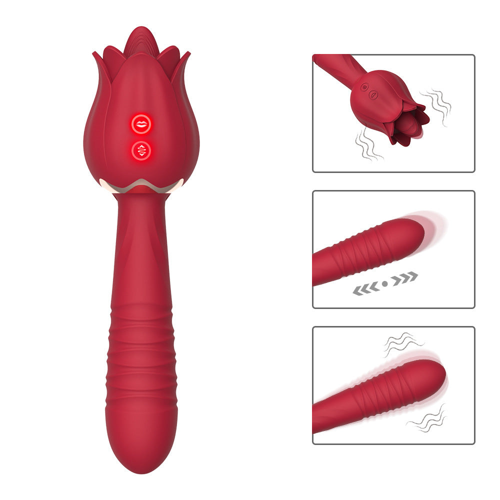 Rose Garden Flower Girl Licking Telescopic Vibrator with Tongue - Vibegg